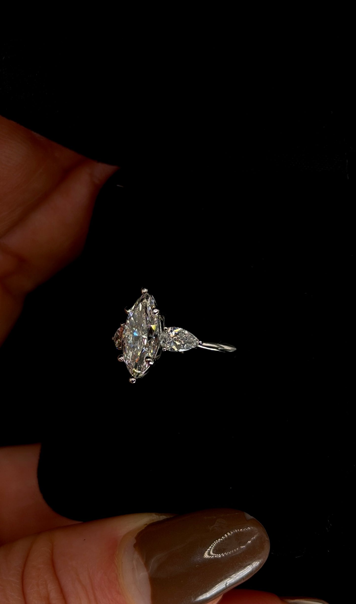 1.50ct Marquise Cut (E VS1) Three Stone Diamond Engagement Ring – IGI Certified – Pear Shape Accents