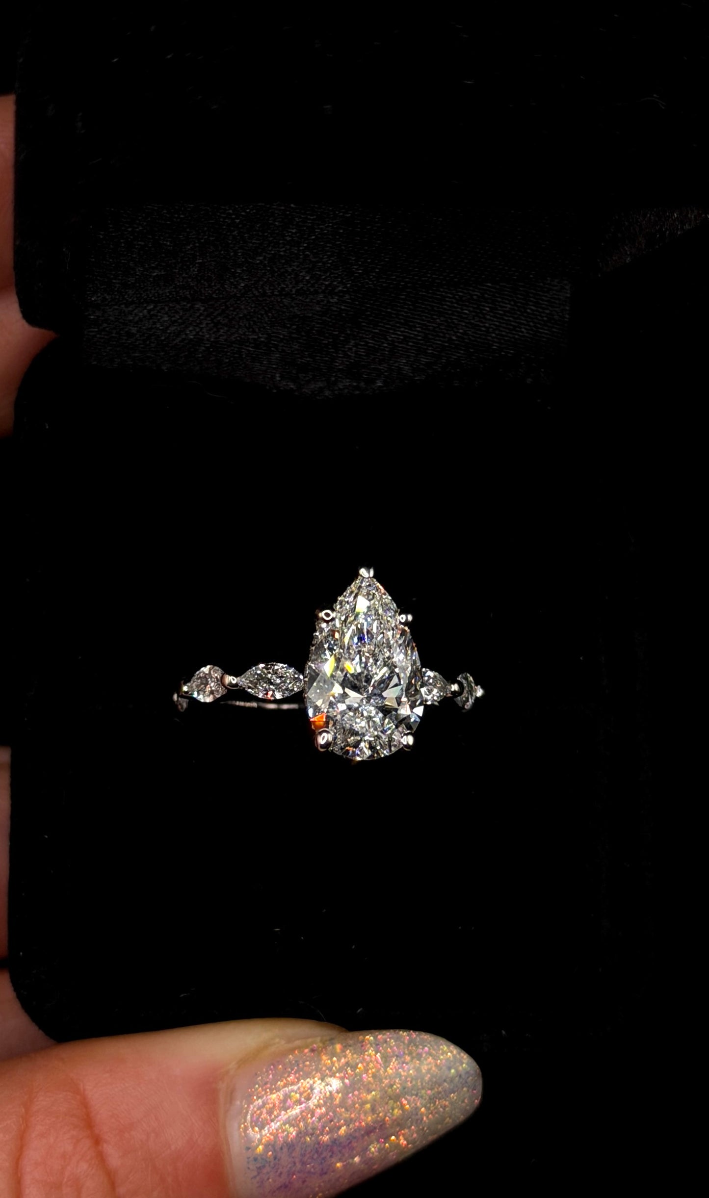 3.00ct Pear Shape (D VS1) Engagement Ring – IGI Certified – Marquise Diamond Shank & Hidden Halo