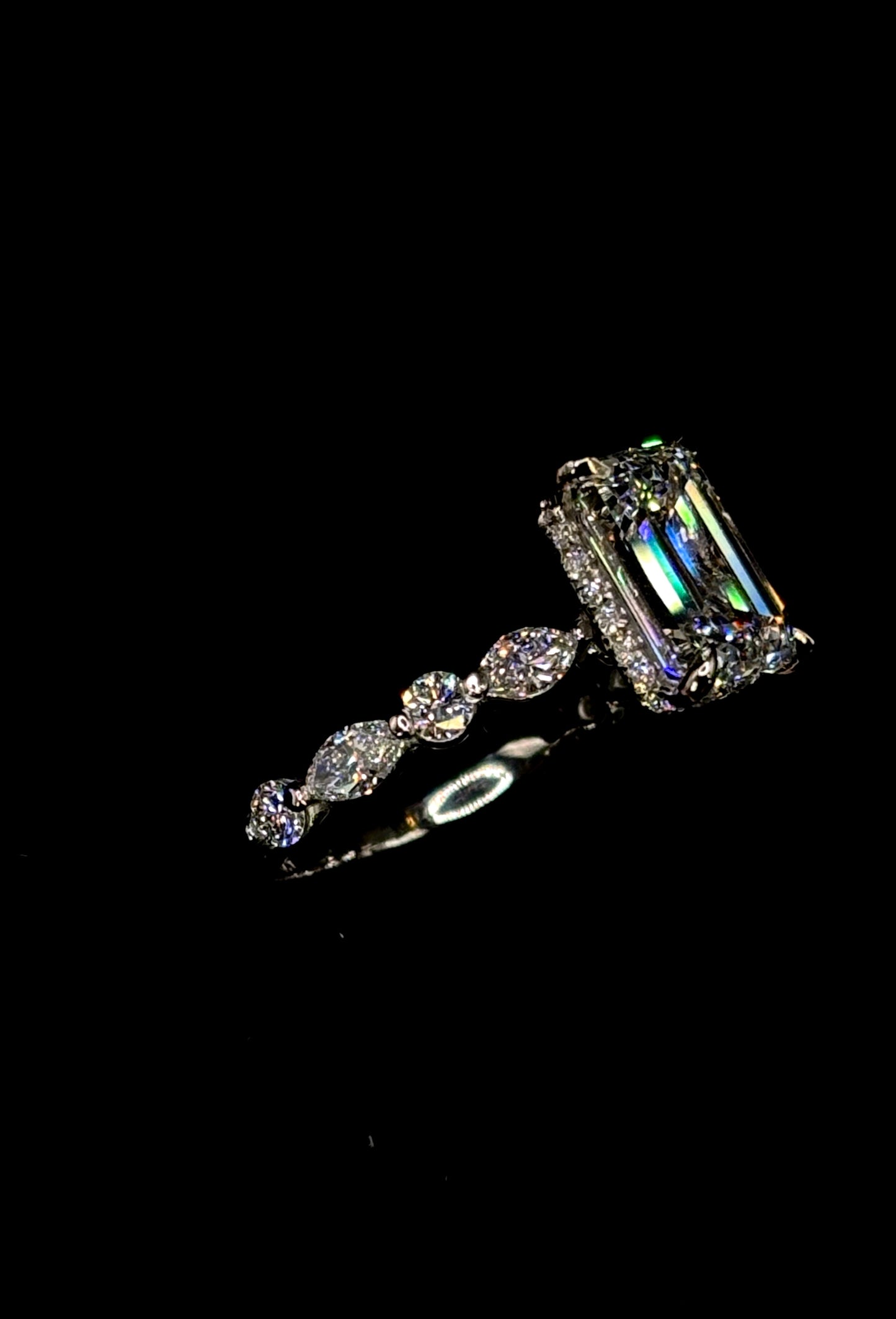 3.00ct Emerald Cut (E VS1) Diamond Engagement Ring – IGI Certified Marquise & Round Diamond Halo + Shank