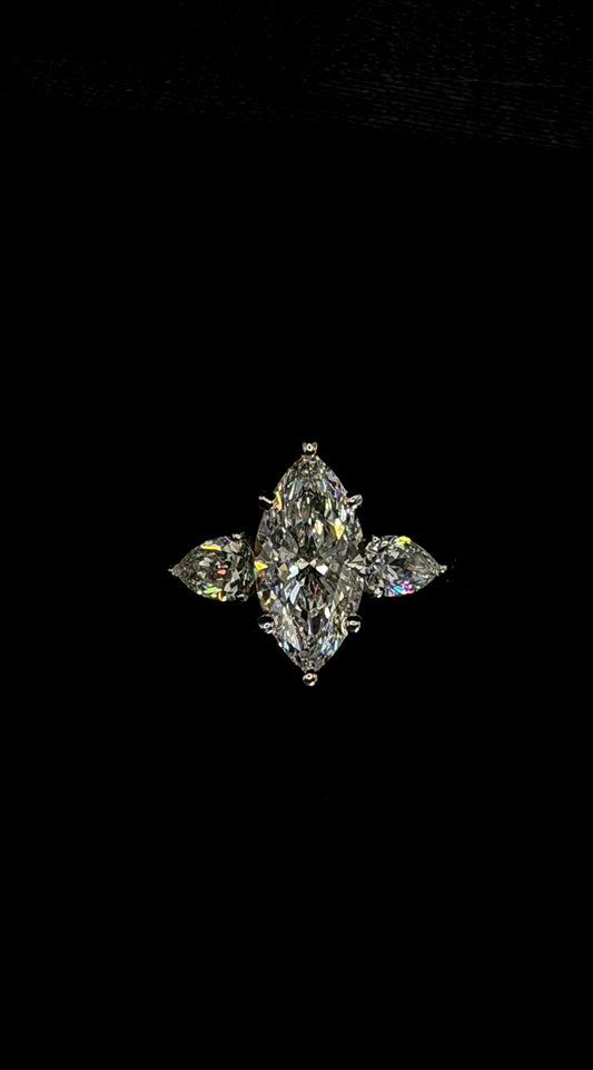 1.50ct Marquise Cut (E VS1) Three Stone Diamond Engagement Ring – IGI Certified – Pear Shape Accents
