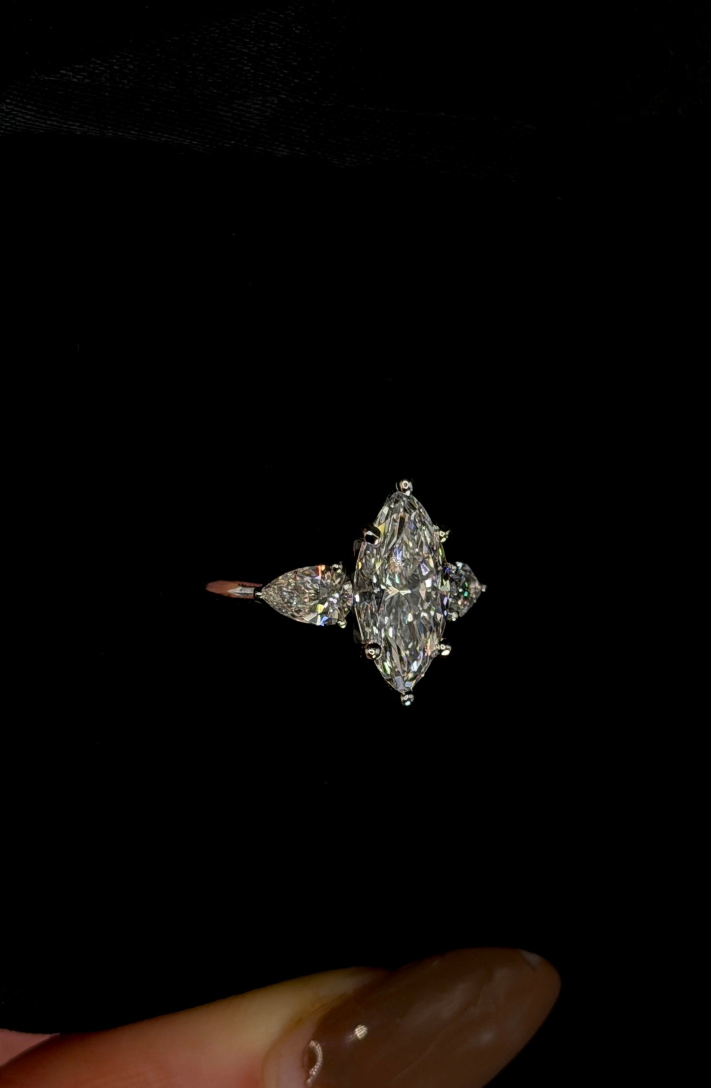 1.50ct Marquise Cut (E VS1) Three Stone Diamond Engagement Ring – IGI Certified – Pear Shape Accents