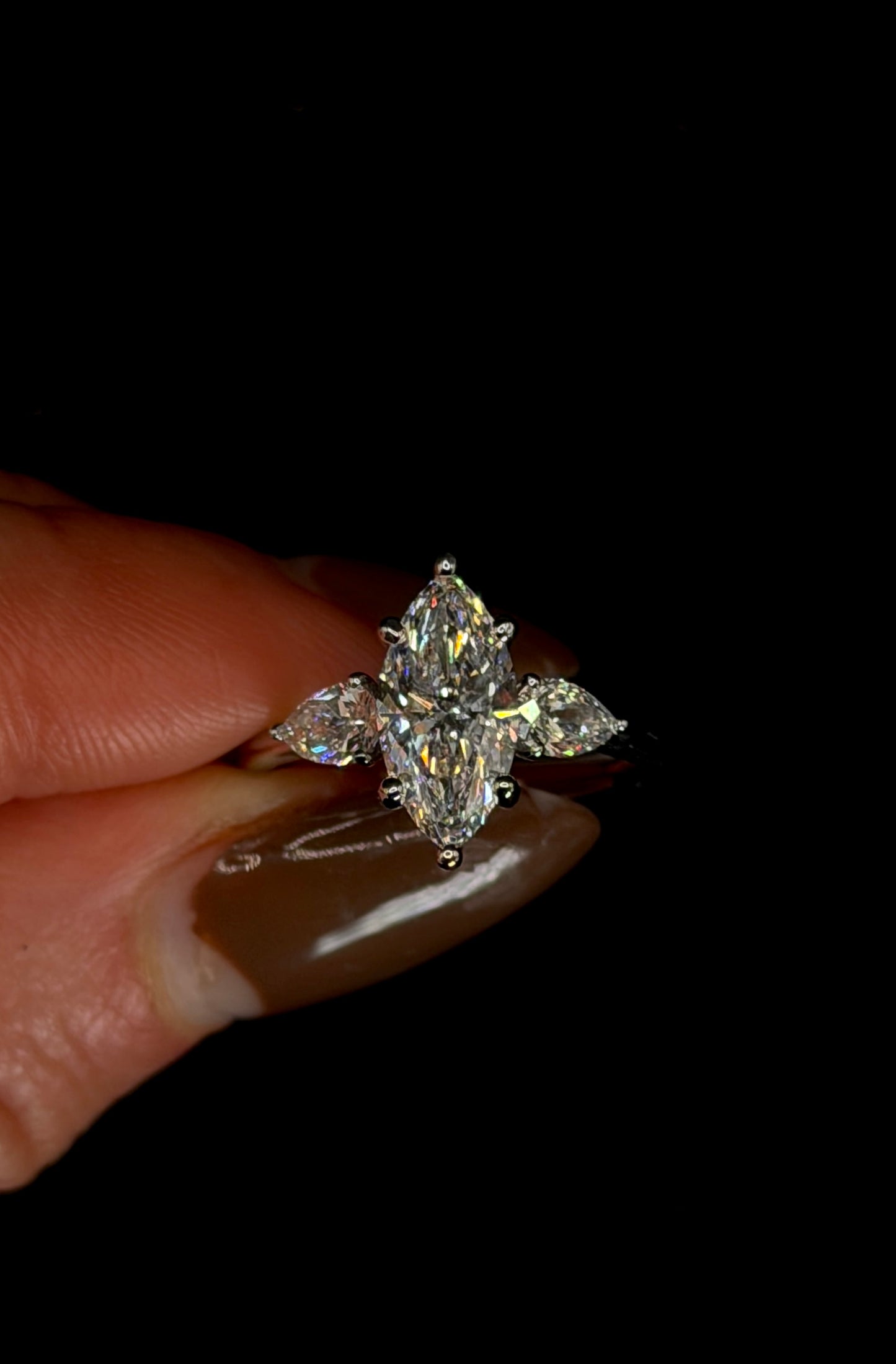 1.50ct Marquise Cut (E VS1) Three Stone Diamond Engagement Ring – IGI Certified – Pear Shape Accents