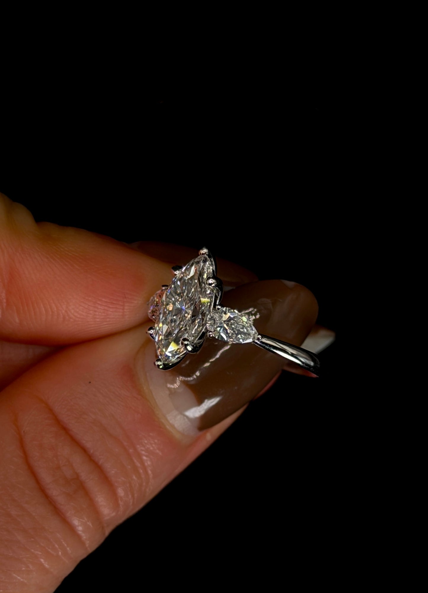 1.50ct Marquise Cut (E VS1) Three Stone Diamond Engagement Ring – IGI Certified – Pear Shape Accents