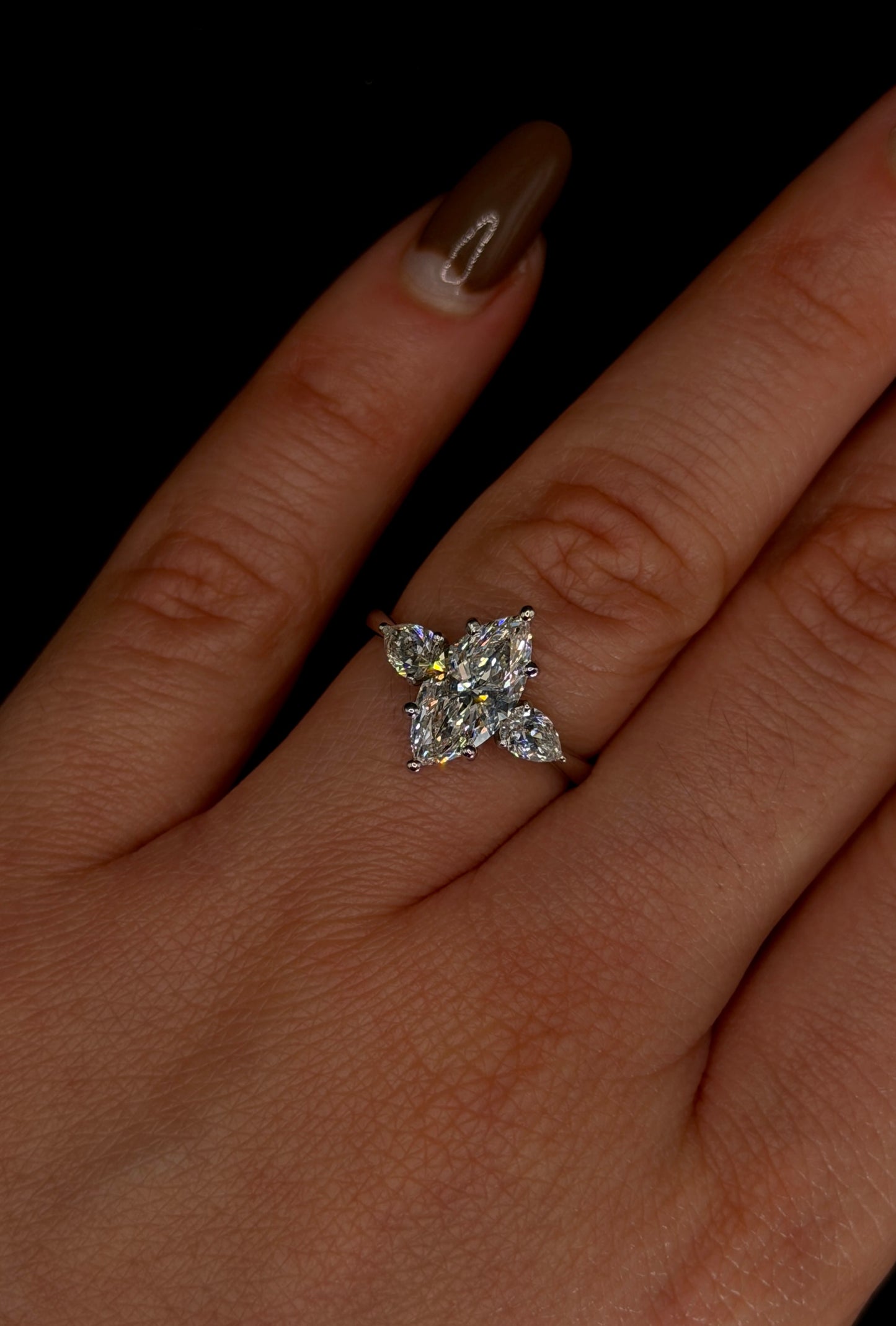 1.50ct Marquise Cut (E VS1) Three Stone Diamond Engagement Ring – IGI Certified – Pear Shape Accents