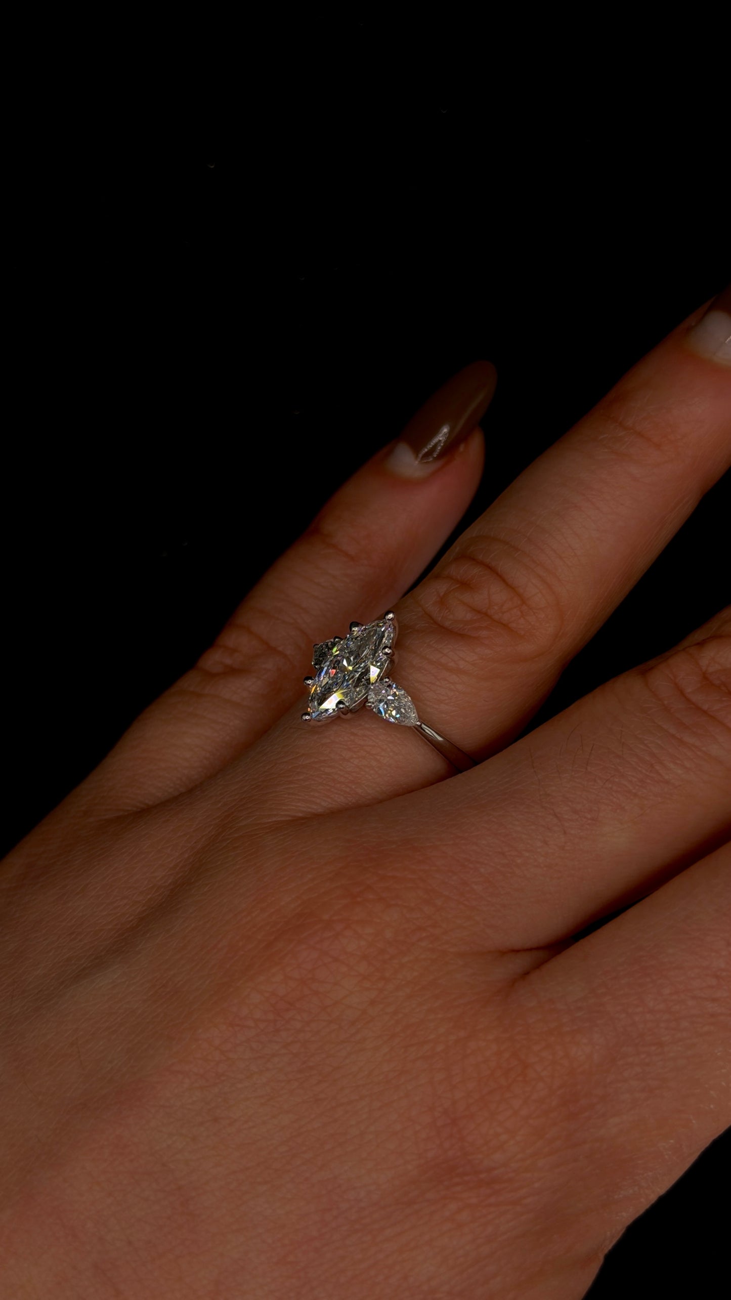 1.50ct Marquise Cut (E VS1) Three Stone Diamond Engagement Ring – IGI Certified – Pear Shape Accents