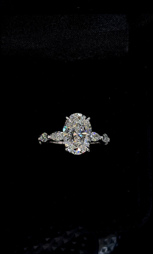 3.00ct Oval Brilliant Cut (E VS1) Diamond Engagement Ring – IGI Certified – Marquise Shank & Hidden Halo