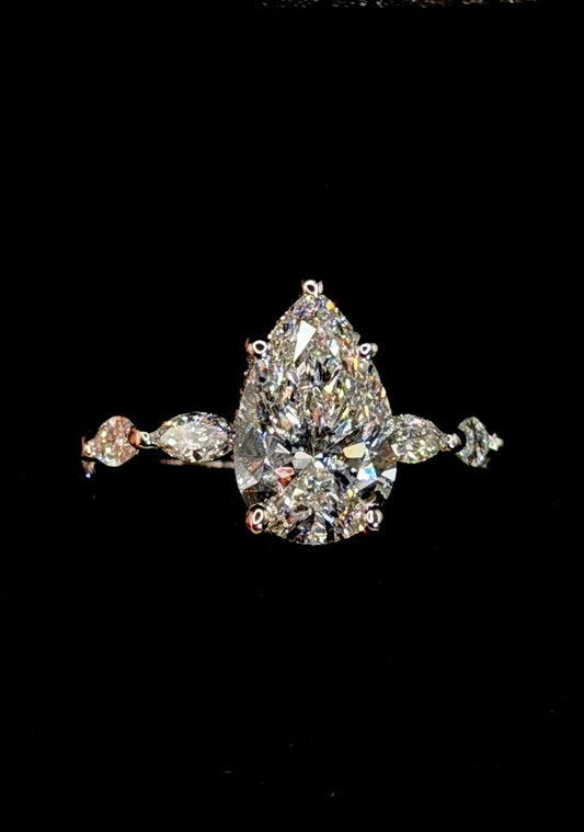 3.00ct Pear Shape (D VS1) Engagement Ring – IGI Certified – Marquise Diamond Shank & Hidden Halo