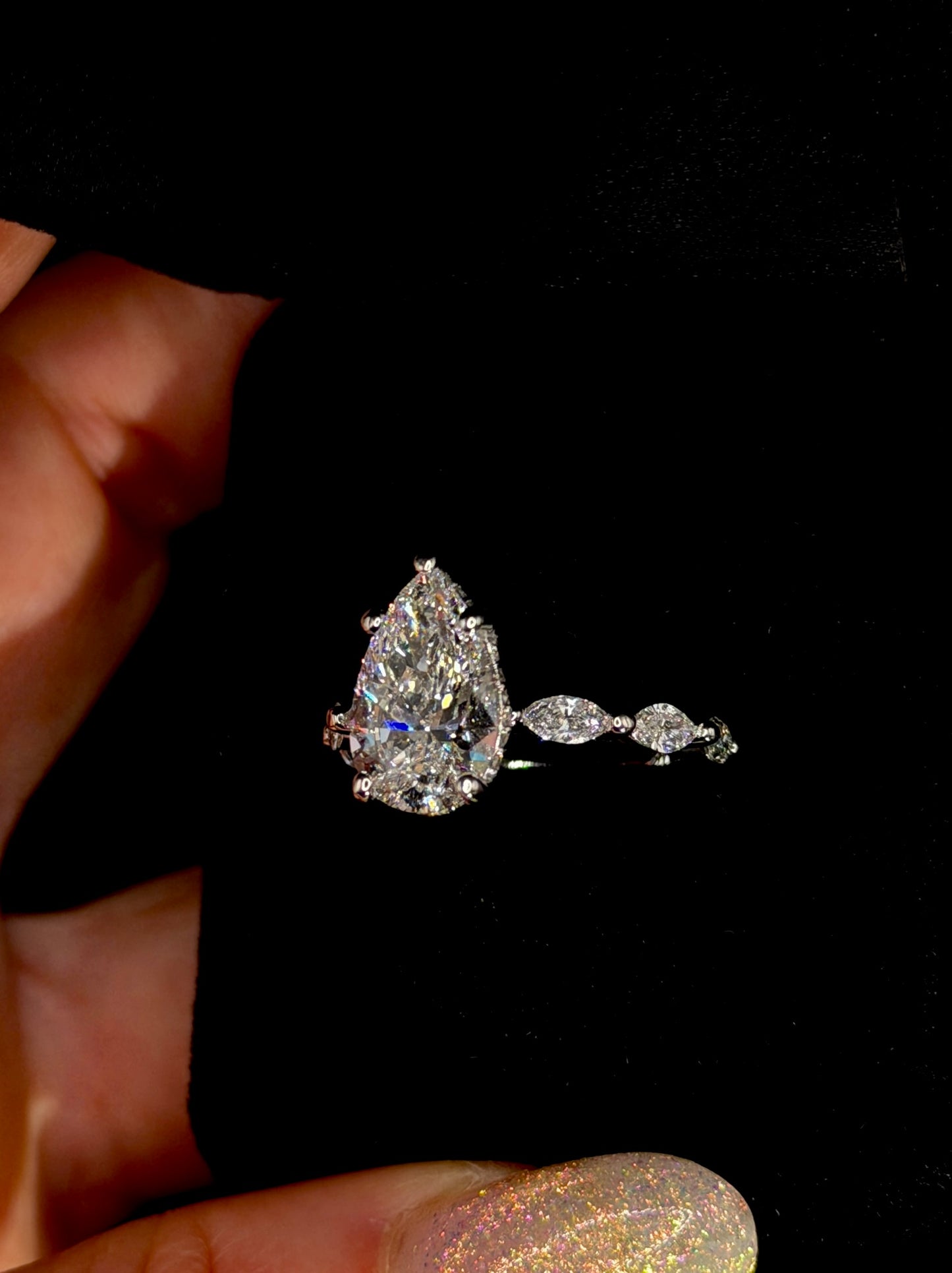 3.00ct Pear Shape (D VS1) Engagement Ring – IGI Certified – Marquise Diamond Shank & Hidden Halo