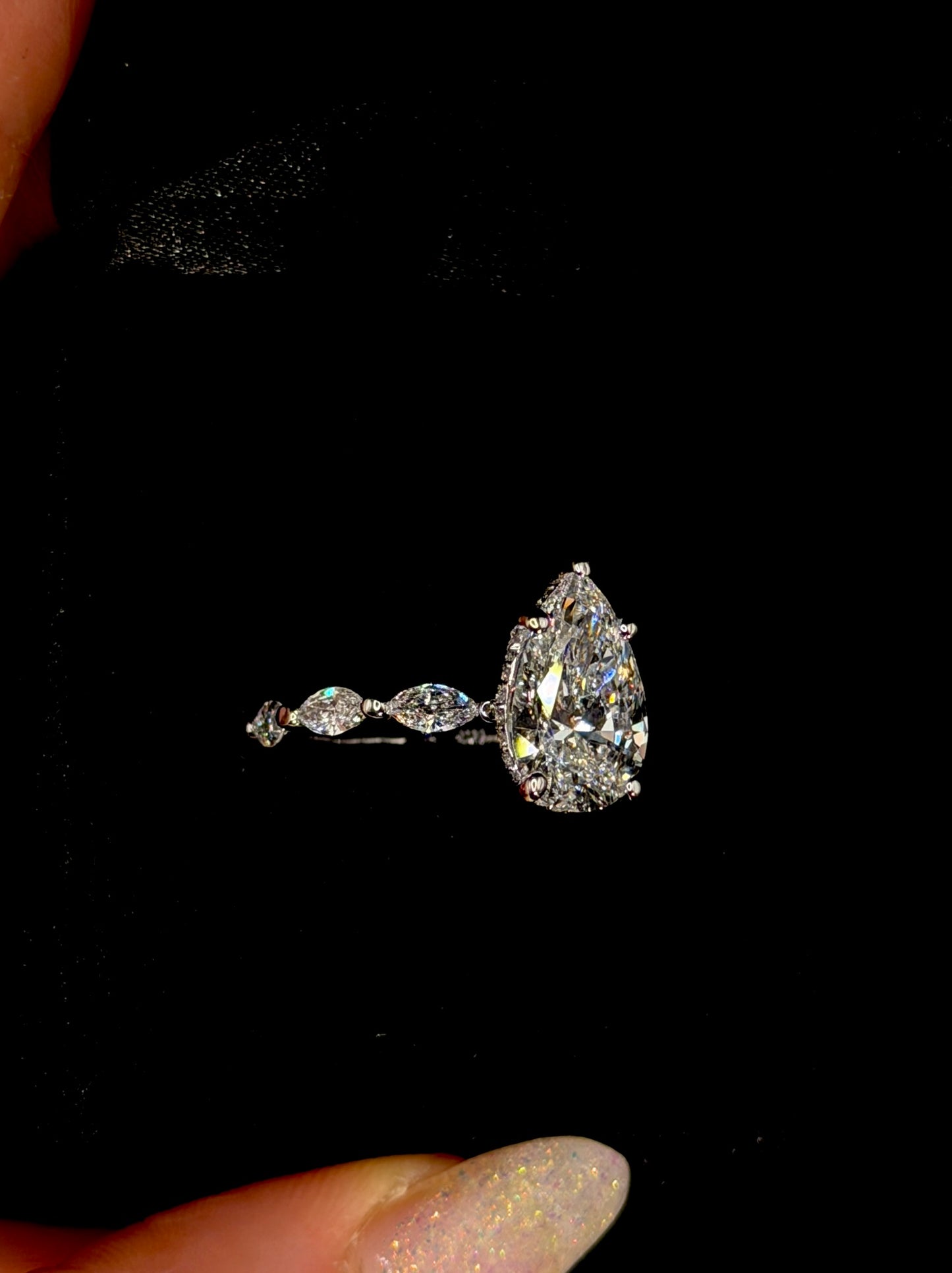 3.00ct Pear Shape (D VS1) Engagement Ring – IGI Certified – Marquise Diamond Shank & Hidden Halo