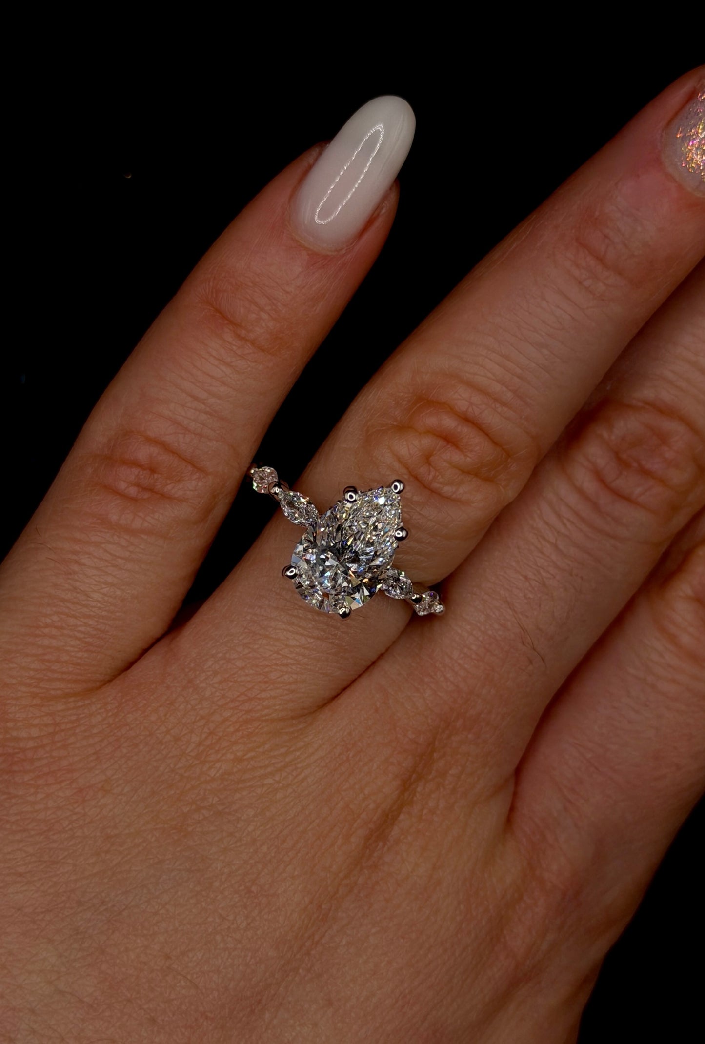 3.00ct Pear Shape (D VS1) Engagement Ring – IGI Certified – Marquise Diamond Shank & Hidden Halo