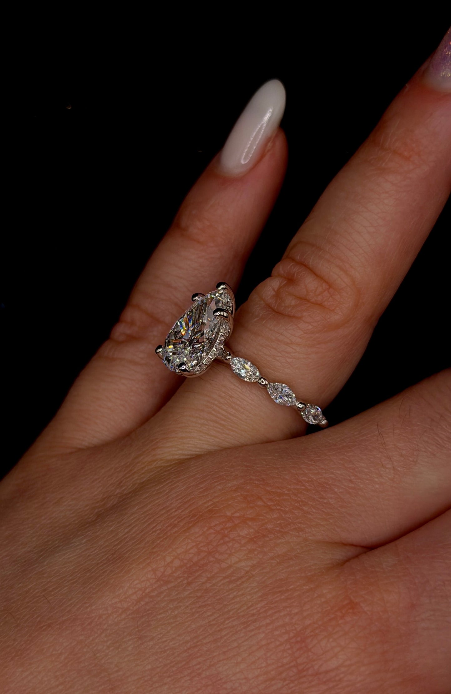 3.00ct Pear Shape (D VS1) Engagement Ring – IGI Certified – Marquise Diamond Shank & Hidden Halo