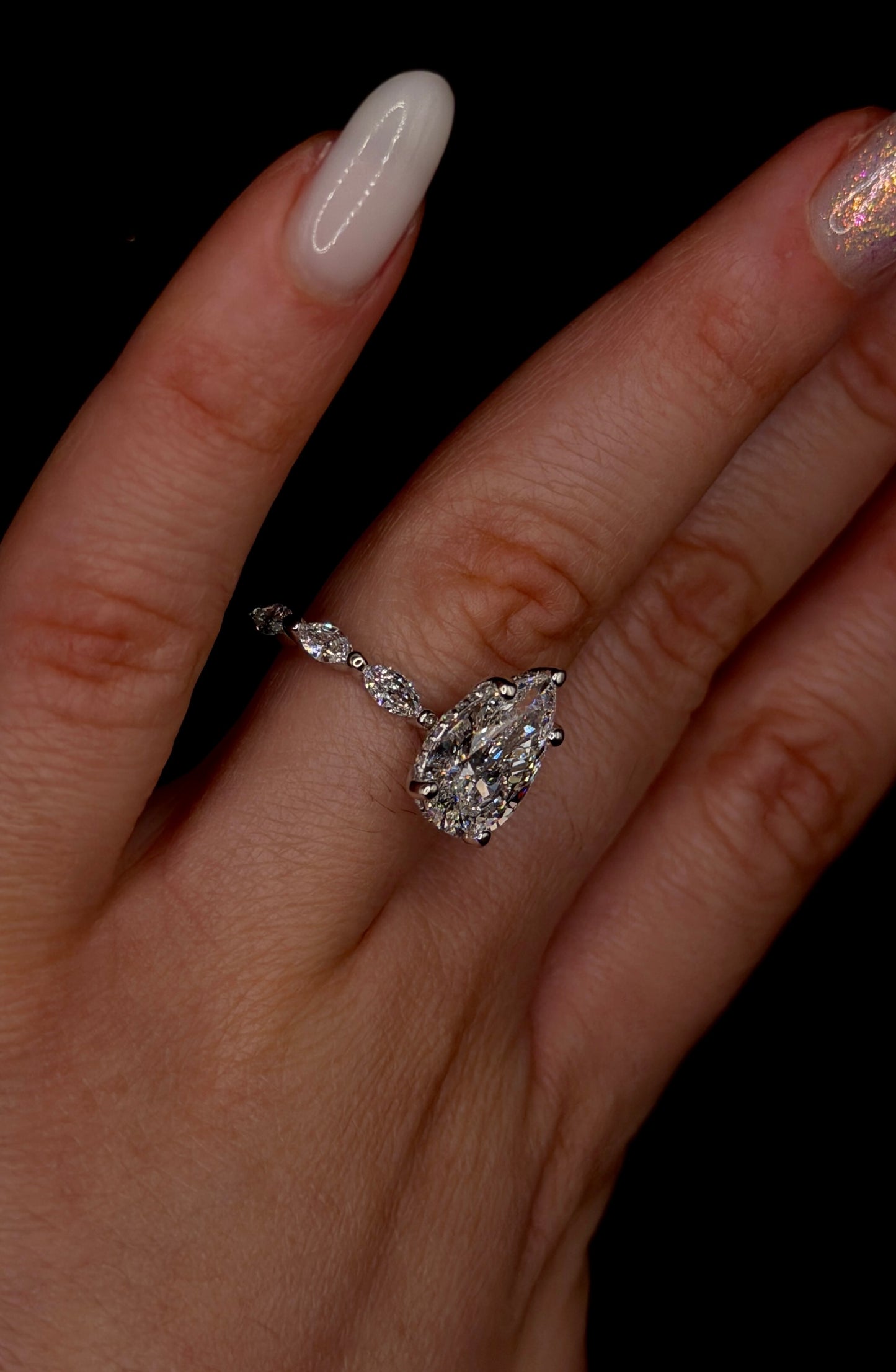 3.00ct Pear Shape (D VS1) Engagement Ring – IGI Certified – Marquise Diamond Shank & Hidden Halo