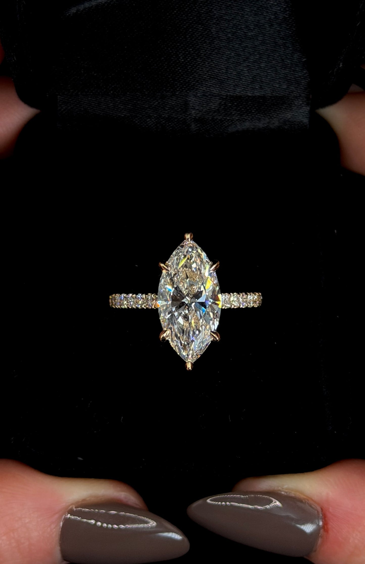 4.00ct Marquise Cut (D VS1) Engagement Ring – IGI Certified – Cathedral Style & Double Hidden Halo