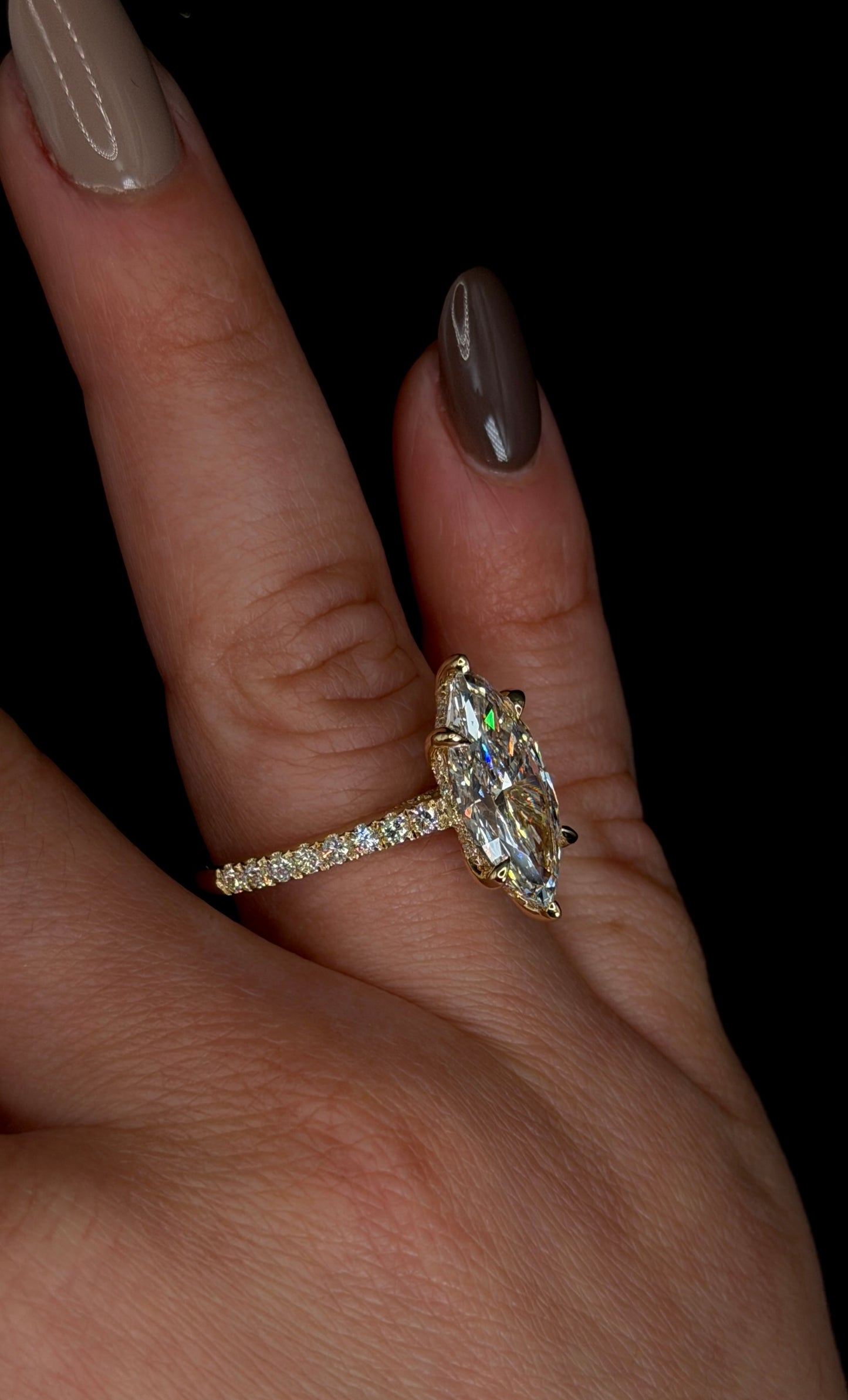 4.00ct Marquise Cut (D VS1) Engagement Ring – IGI Certified – Cathedral Style & Double Hidden Halo