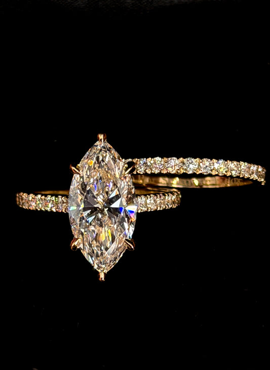 4.00ct Marquise Cut (E VS1) Bridal Set – IGI Certified – Cathedral Style & Diamond Band