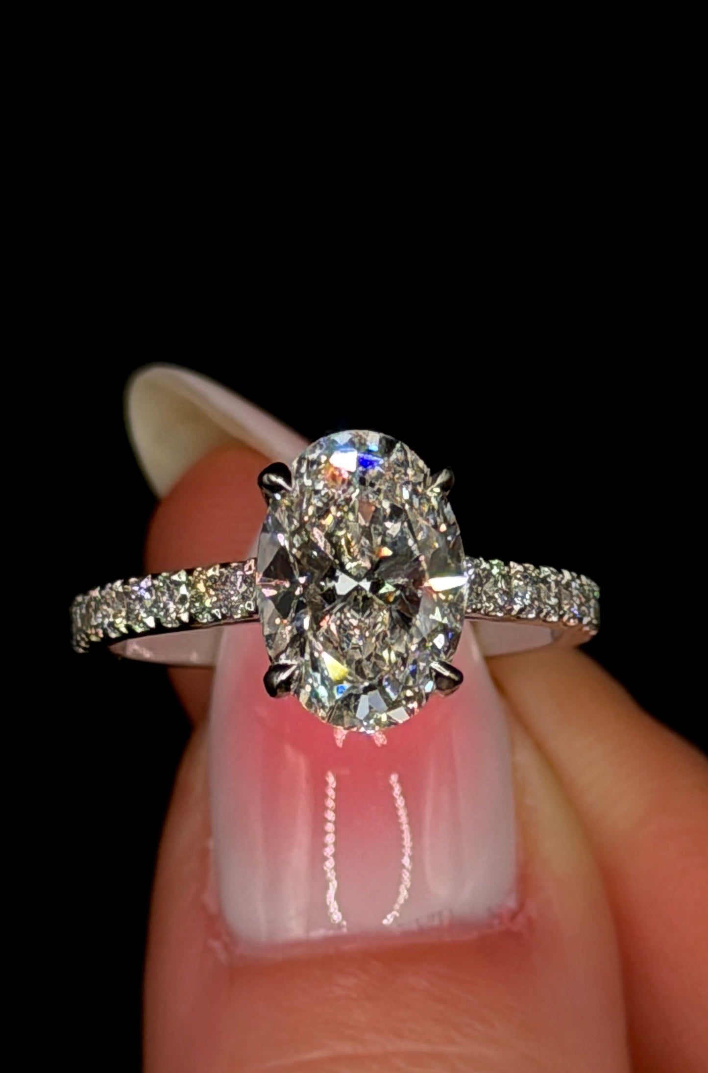 2.50ct Oval E VVS2 Halo Diamond with Diamond Shank – Cathedral Style – IGI Certified