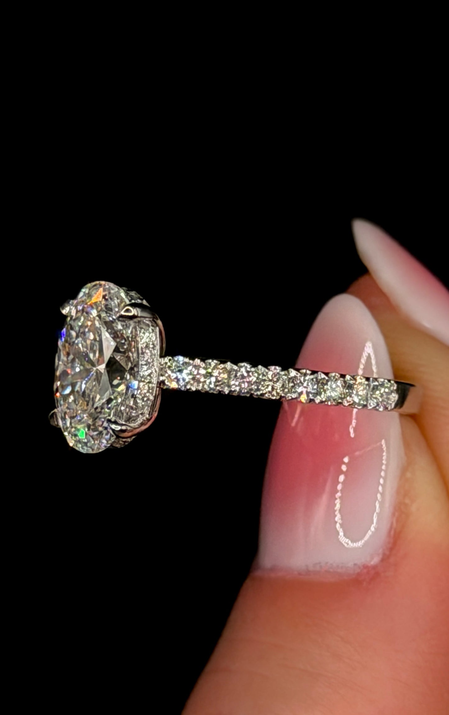2.50ct Oval E VVS2 Halo Diamond with Diamond Shank – Cathedral Style – IGI Certified