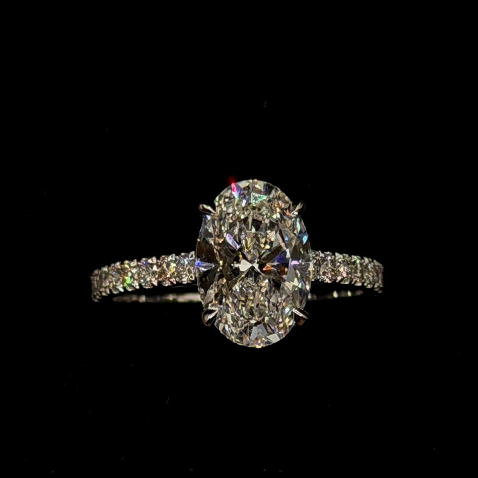 2.50ct Oval E VVS2 Halo Diamond with Diamond Shank – Cathedral Style – IGI Certified