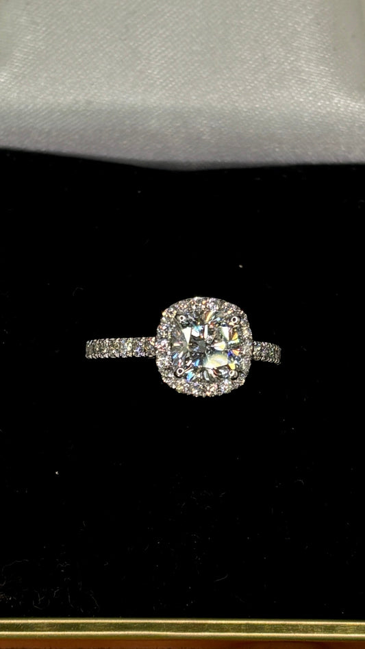 1.00ct Cushion Square (D VVS2) Diamond Engagement Ring – IGI Certified – Halo & Pavé Shank