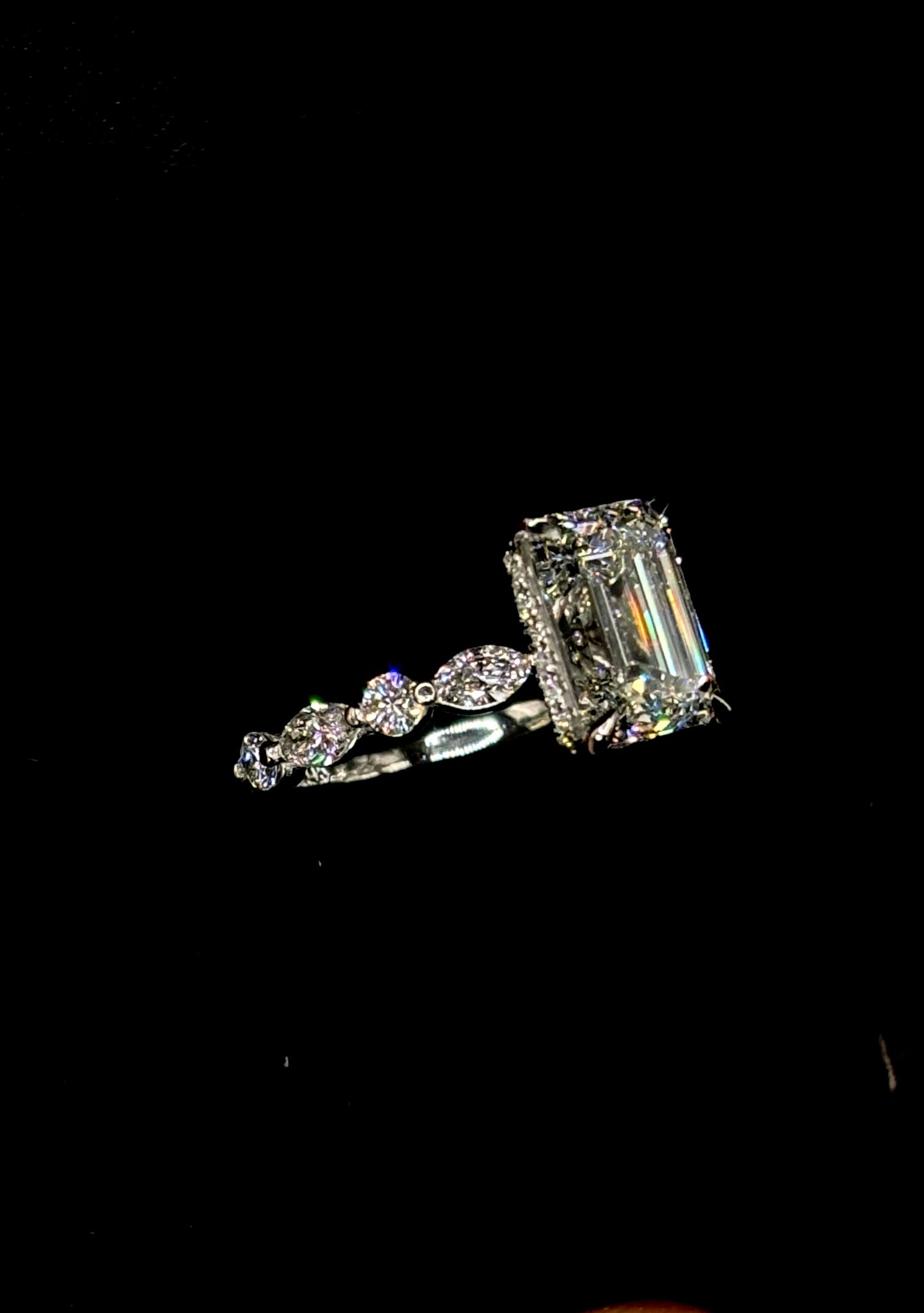 3.00ct Emerald Cut (E VS1) Diamond Engagement Ring – IGI Certified  Marquise & Round Diamond Halo + Shank