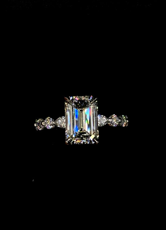 3.00ct Emerald Cut (E VS1) Diamond Engagement Ring – IGI Certified  Marquise & Round Diamond Halo + Shank