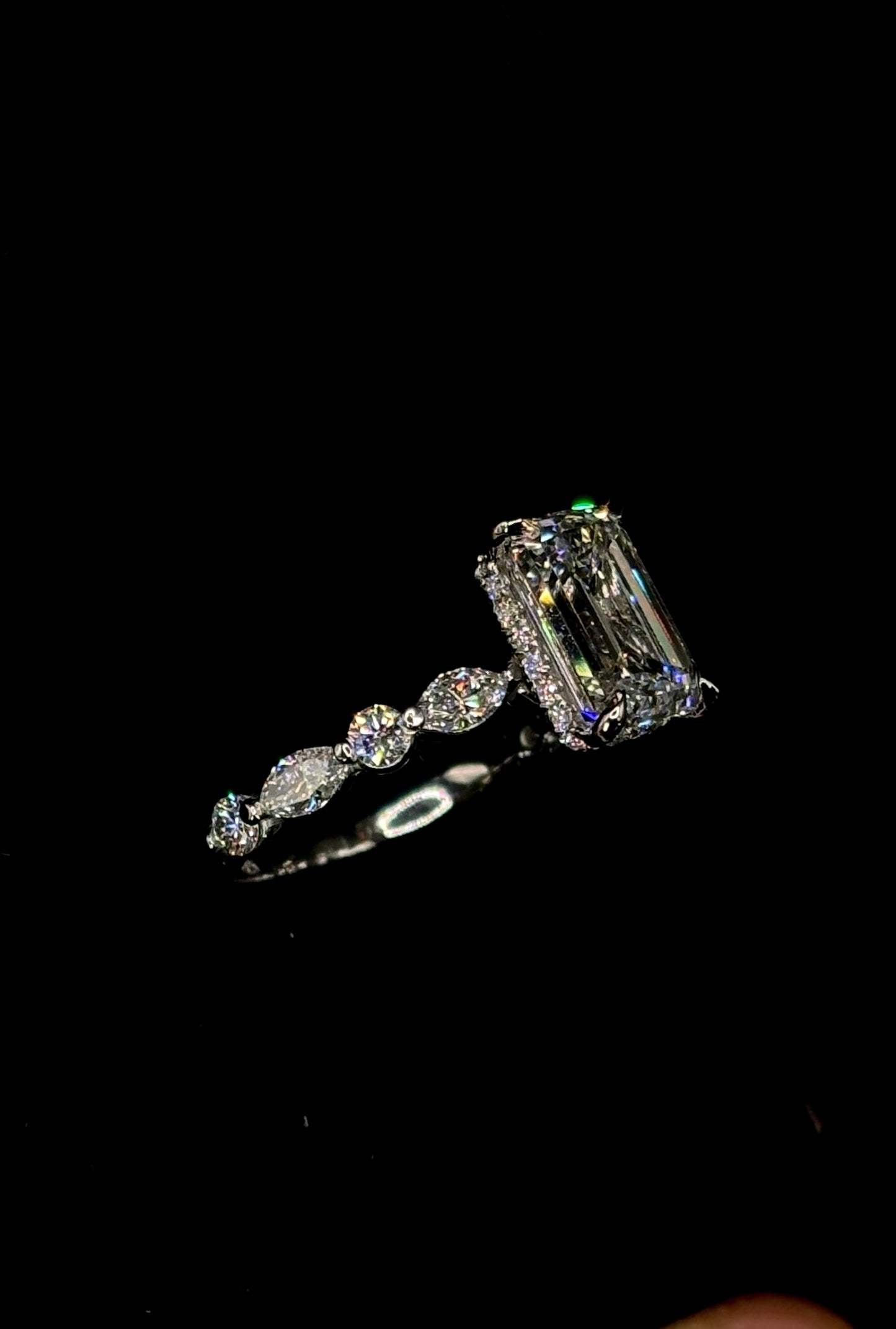 3.00ct Emerald Cut (E VS1) Diamond Engagement Ring – IGI Certified  Marquise & Round Diamond Halo + Shank