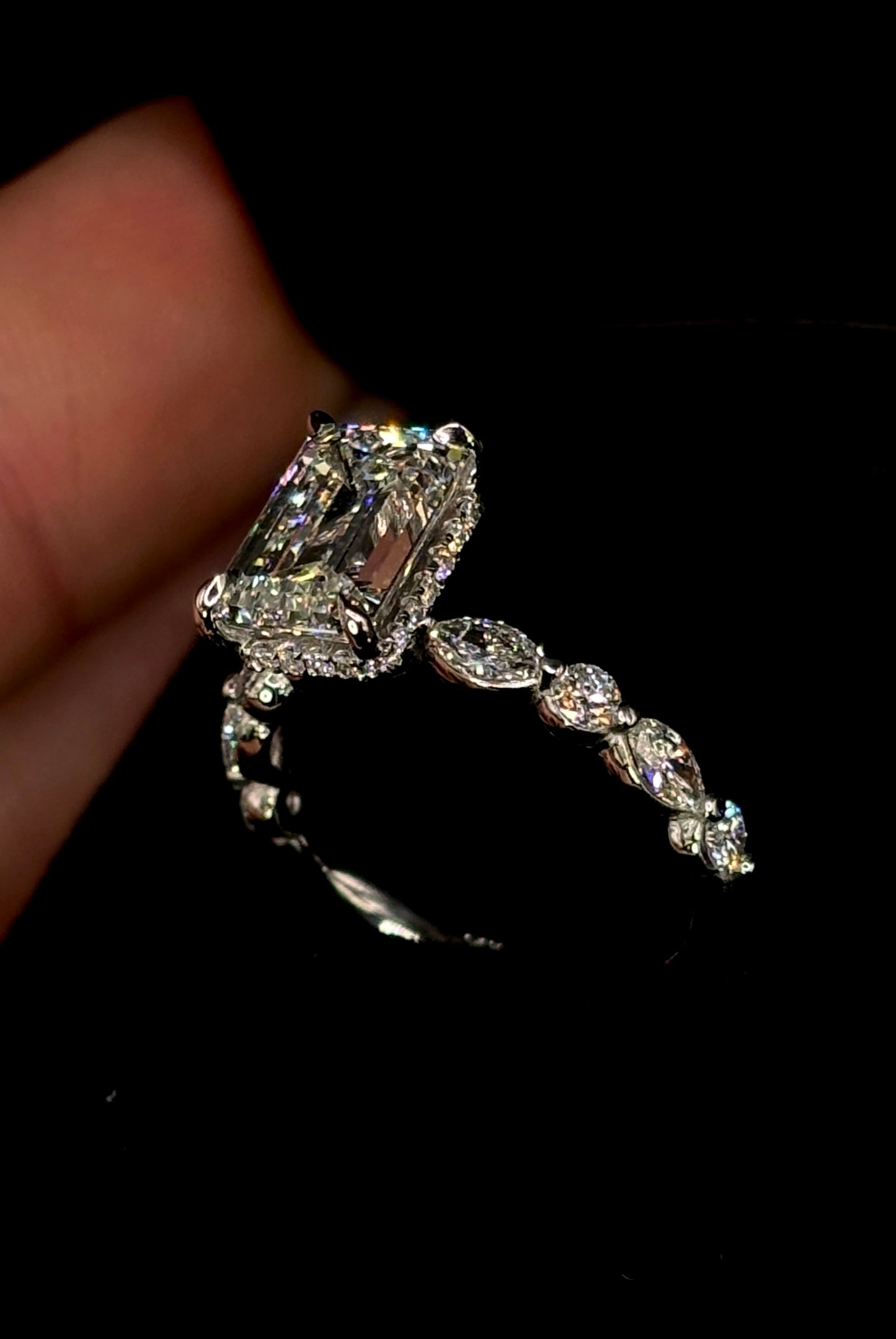 3.00ct Emerald Cut (E VS1) Diamond Engagement Ring – IGI Certified  Marquise & Round Diamond Halo + Shank