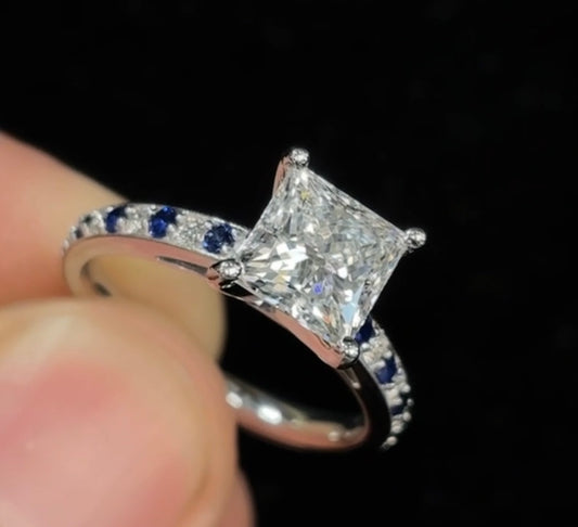 2.00ct Princess Cut (E VVS2) Diamond Engagement Ring – IGI Certified · Royal Edge with Natural Sapphires