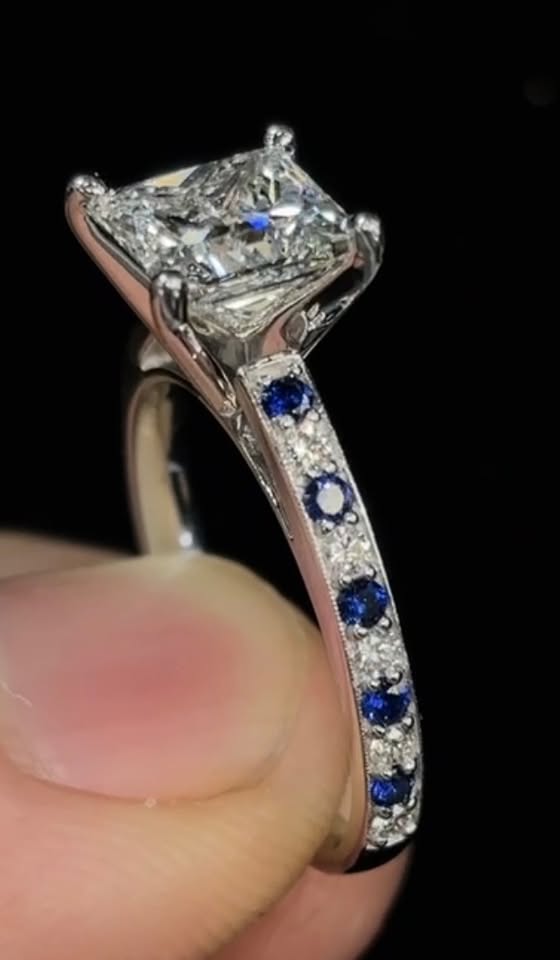 2.00ct Princess Cut (E VVS2) Diamond Engagement Ring – IGI Certified · Royal Edge with Natural Sapphires